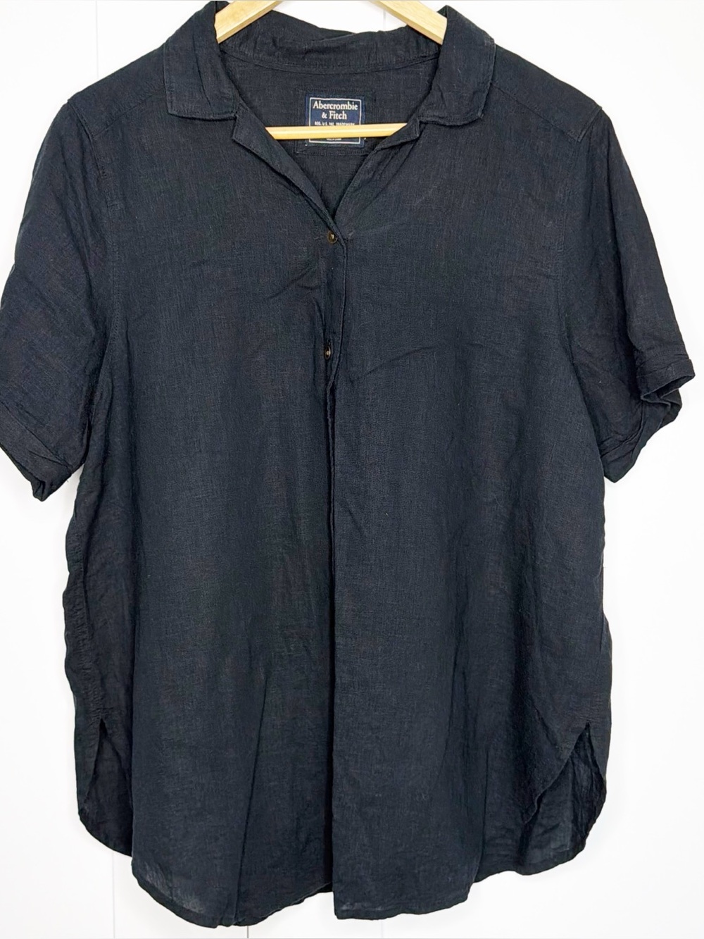 Abercrombie & Fitch Short Sleeve Linen-Blend Button Down Shirt XL black short - Picture 5 of 10